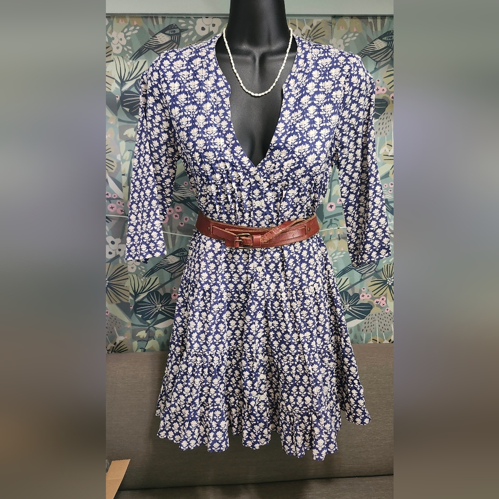 J.Crew Cotton Blue and White Pleated Sundress with Plunge Neckline FREE SHIPPING